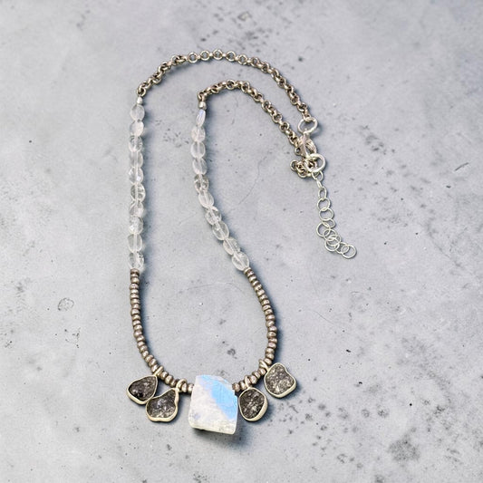 Diamond In The Rough - Raw, Natural Diamonds, Rainbow Moonstone, and Handmade Pure Silver Necklace - Choose Silver or Blue Diamonds