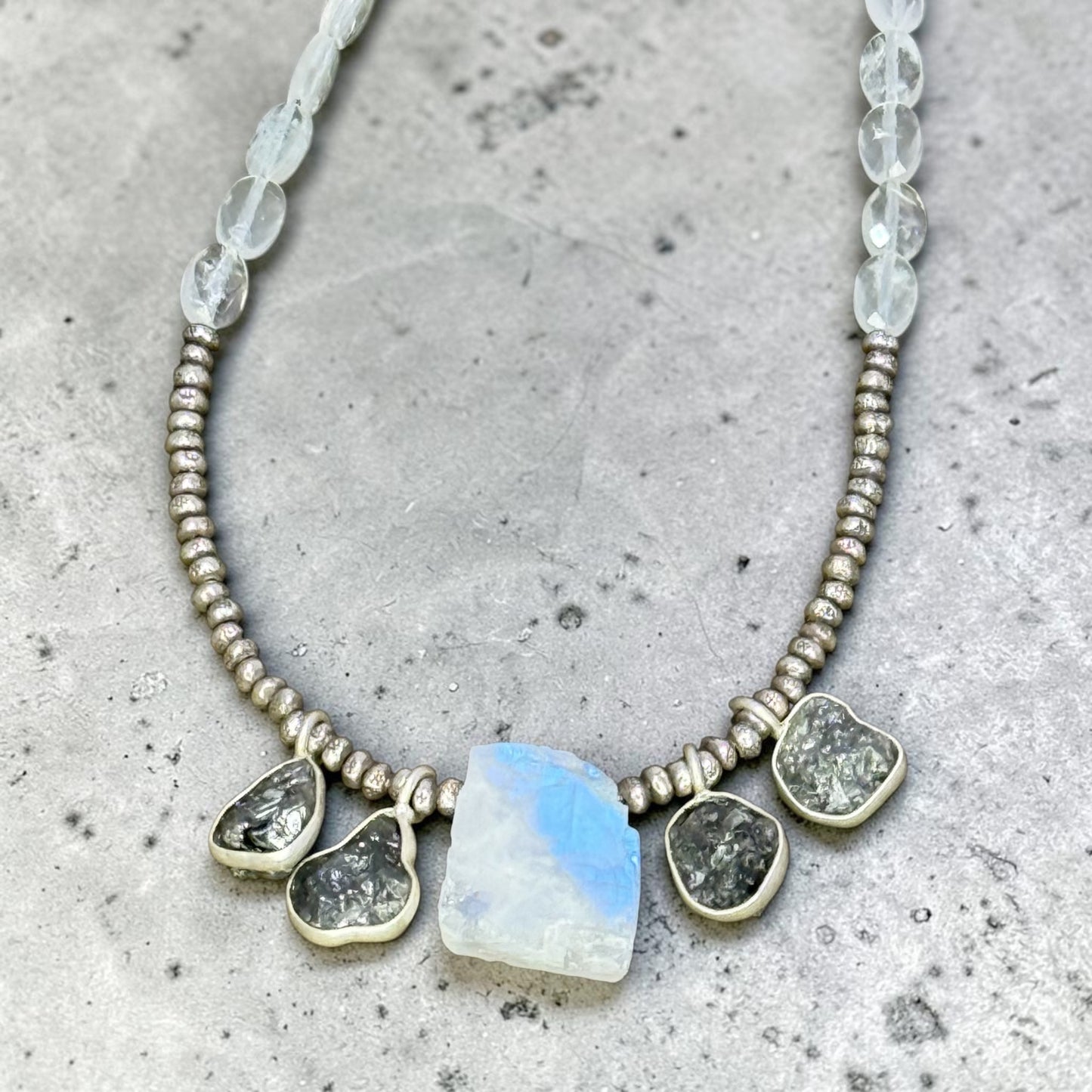 Diamond In The Rough - Raw, Natural Diamonds, Rainbow Moonstone, and Handmade Pure Silver Necklace - Choose Silver or Blue Diamonds