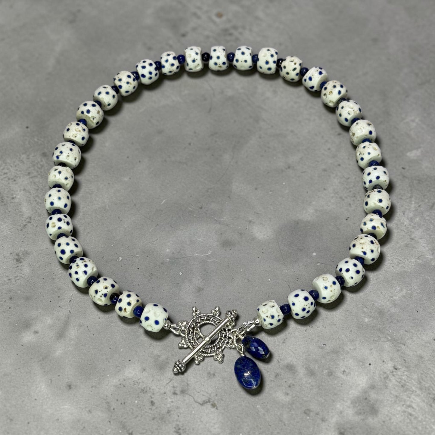 And Other Stories - Antique African Venetian Glass Trade Beads and Lapis Neckace, Handmade Sterling Silver Toggle Clasp