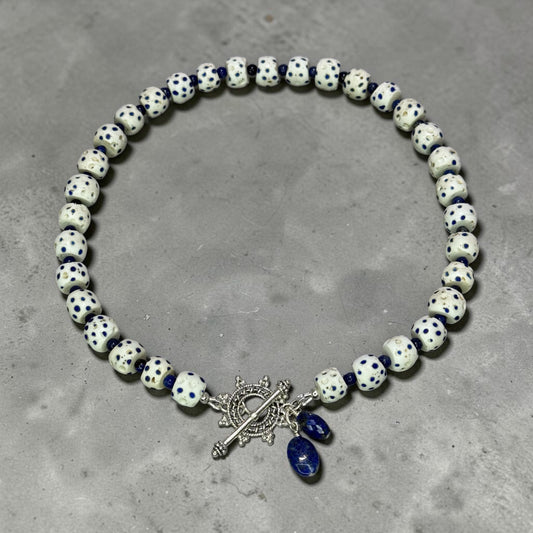 And Other Stories - Antique African Venetian Glass Trade Beads and Lapis Neckace, Handmade Sterling Silver Toggle Clasp