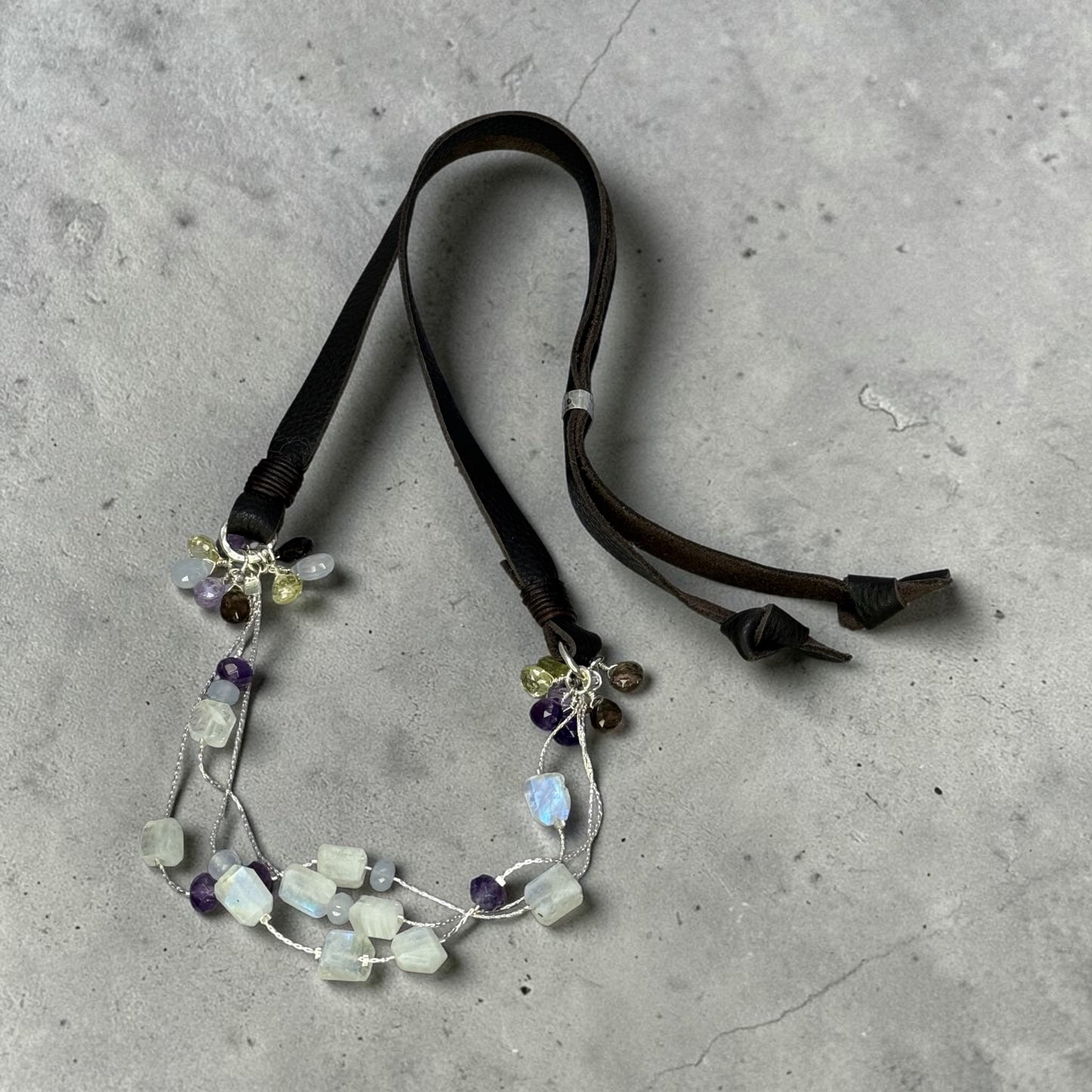Float - Rainbow Moonstone, Blue Chalcedony, Amethyst, Peridot, and Smokey Quartz - Adjustable Leather Necklace