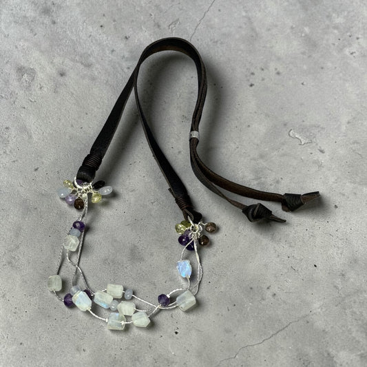 Float - Rainbow Moonstone, Blue Chalcedony, Amethyst, Peridot, and Smokey Quartz - Adjustable Leather Necklace