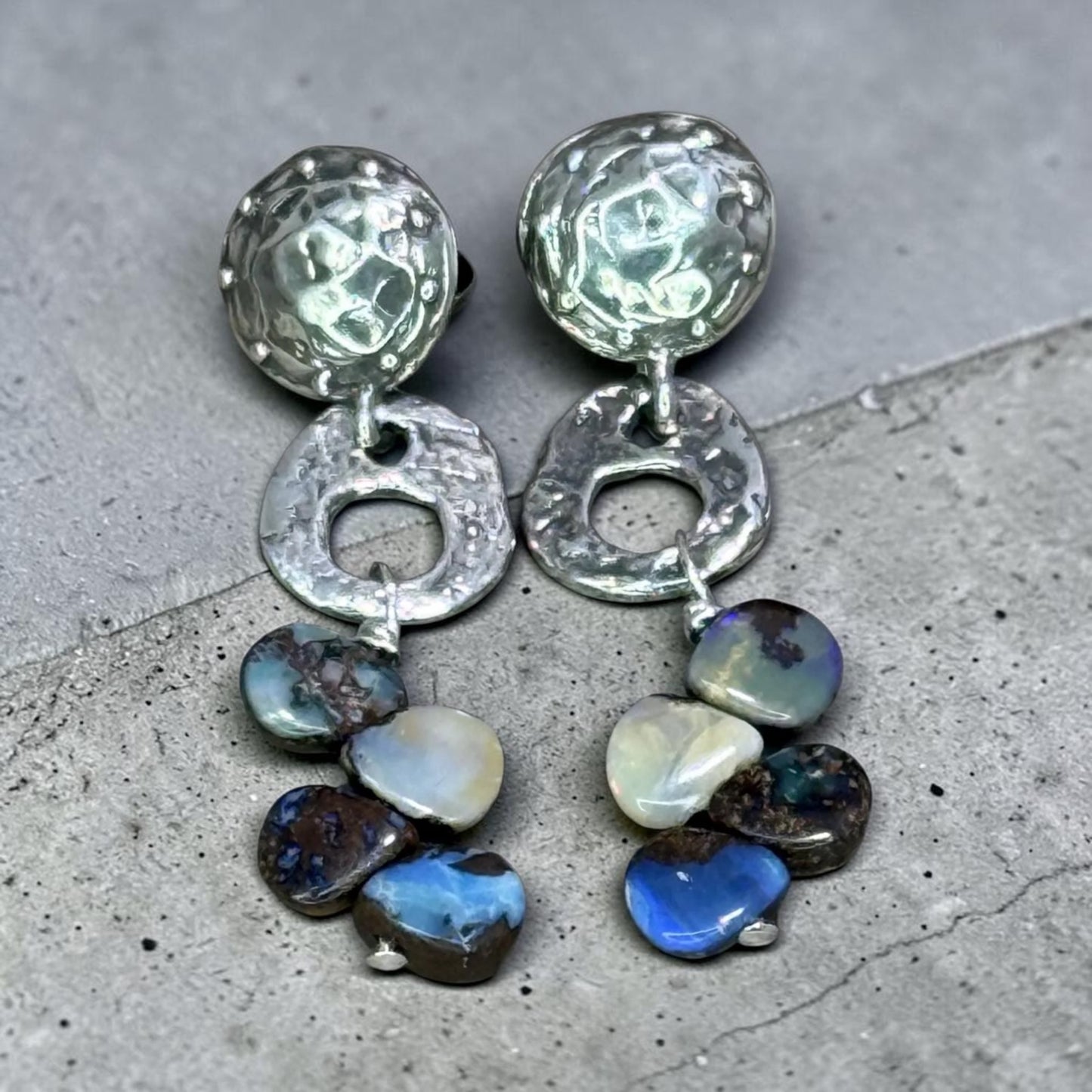 Bold, Boulder - Australian Boulder Opal and Handmade Artisan Sterling Silver Earrings