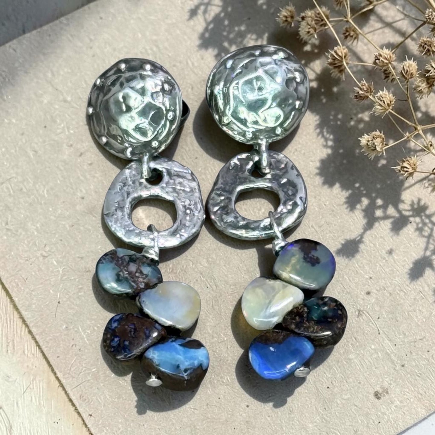 Bold, Boulder - Australian Boulder Opal and Handmade Artisan Sterling Silver Earrings
