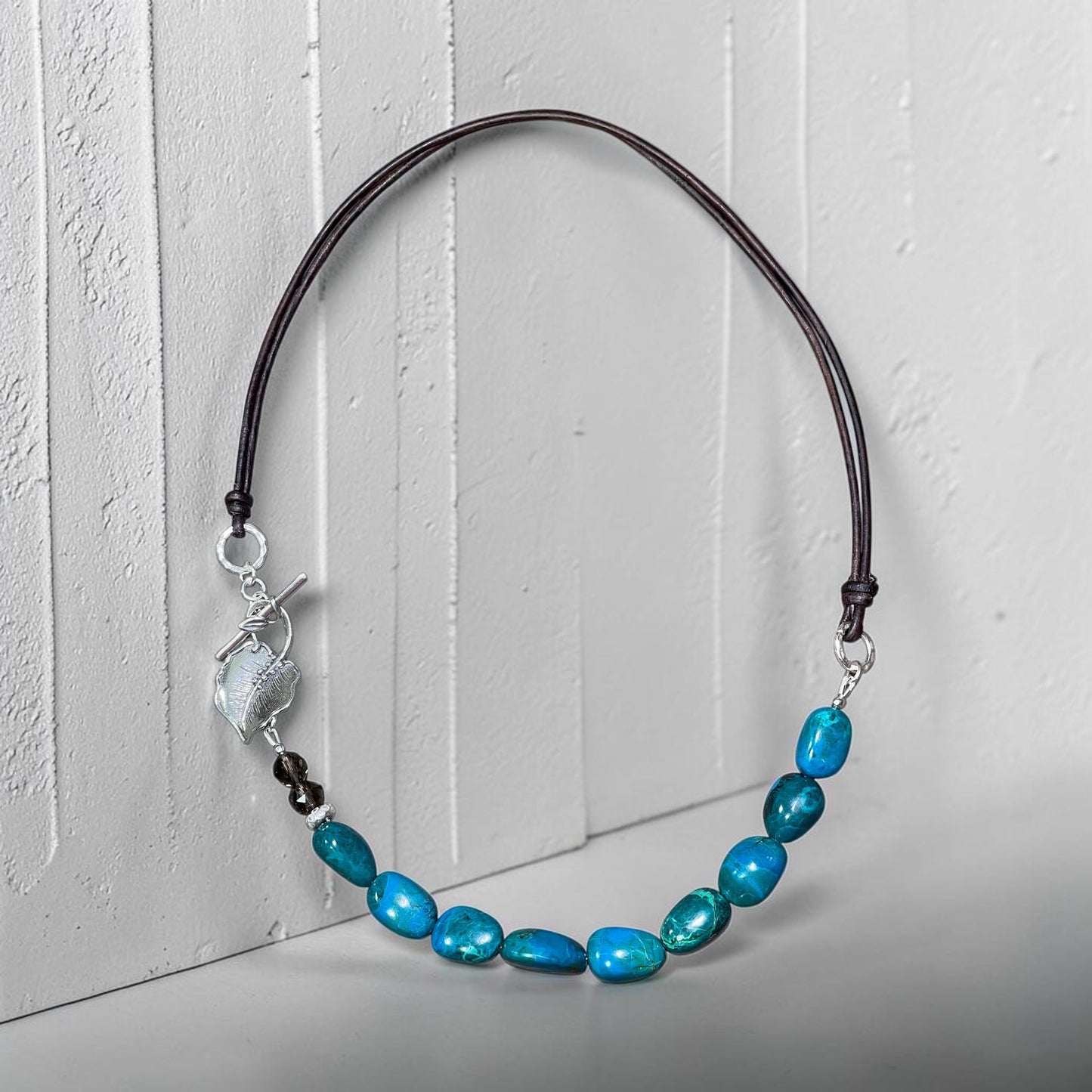 Wander - Deep Blue/Green Chrysocolla and Handmade Sterling Silver - Leather Necklace