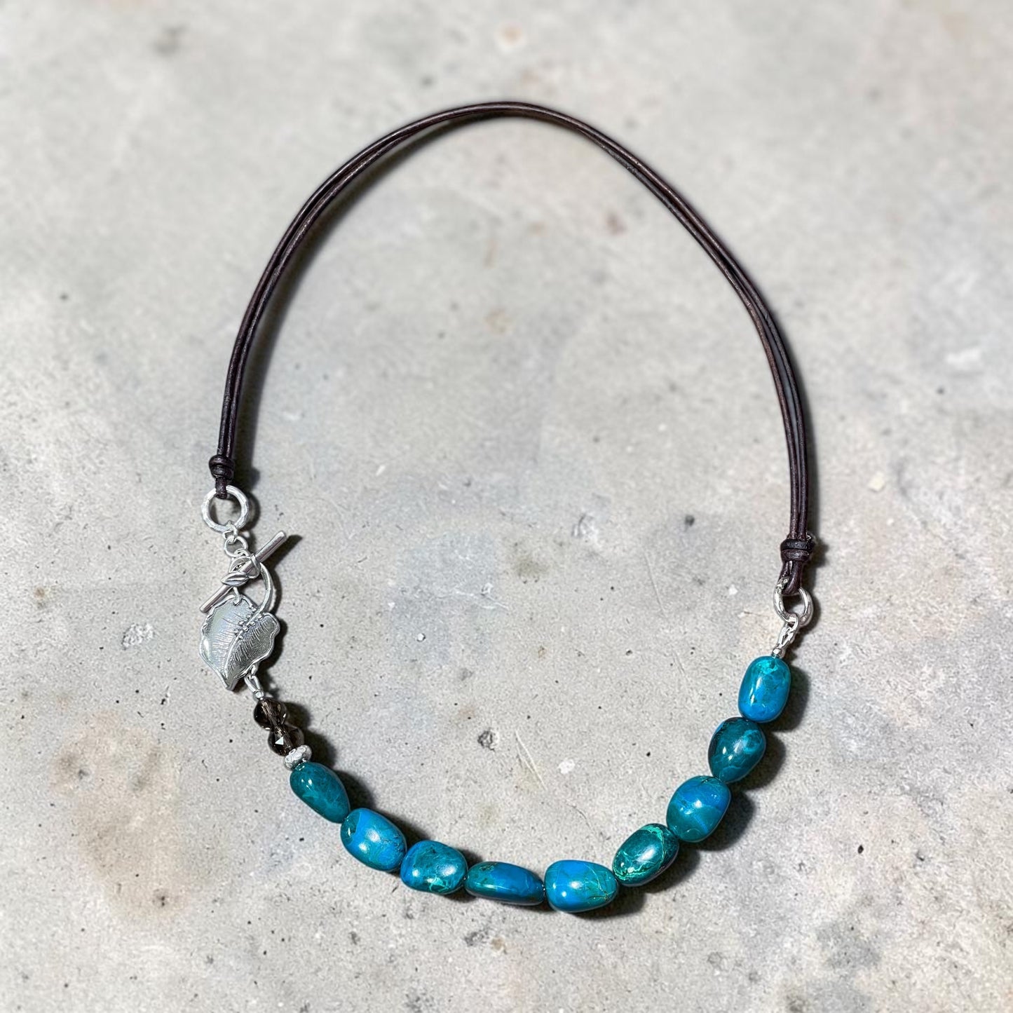 Wander - Deep Blue/Green Chrysocolla and Handmade Sterling Silver - Leather Necklace