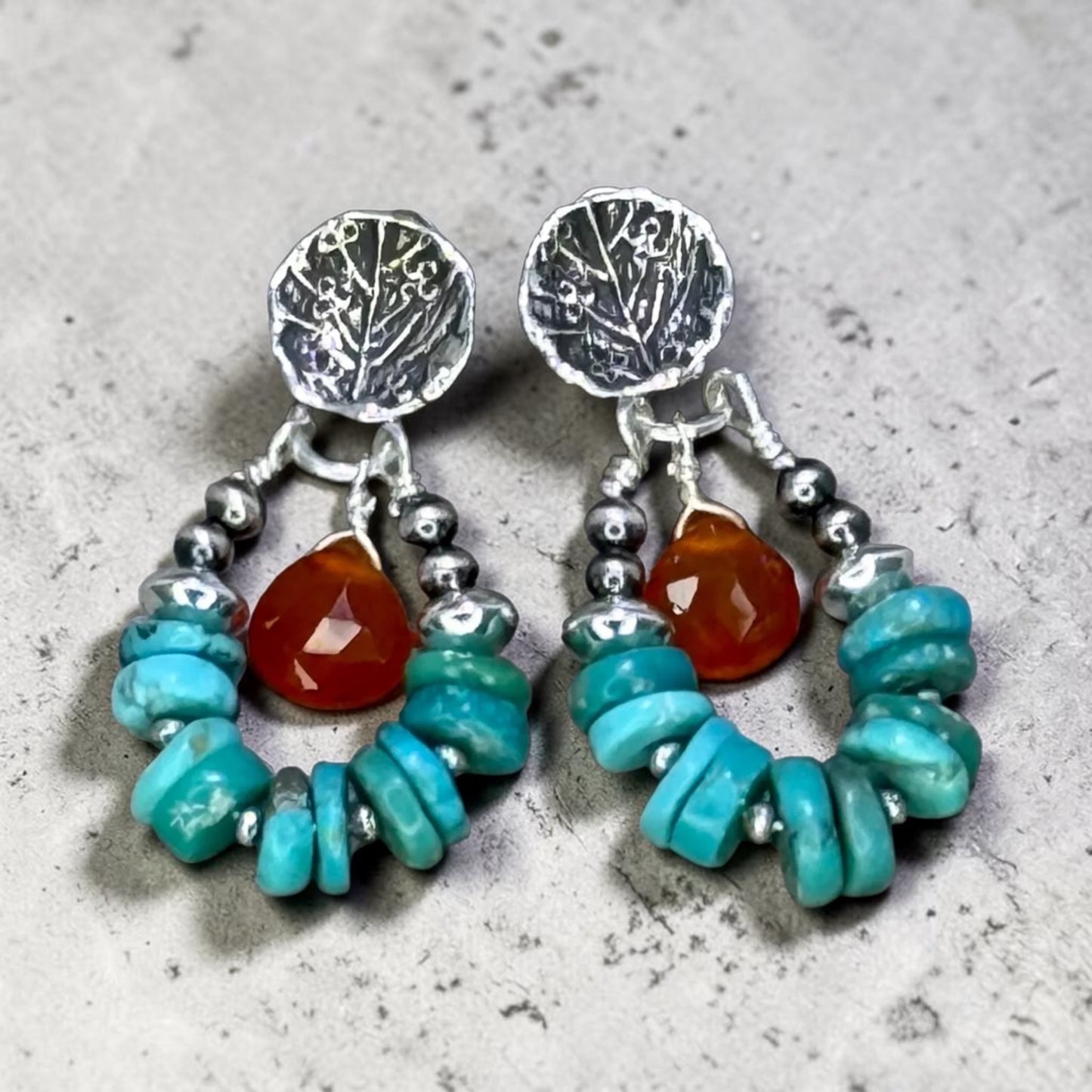 Firelight - Arizona Turquoise, Carnelian, and Artisan Hammered Sterling Silver Post Earrings