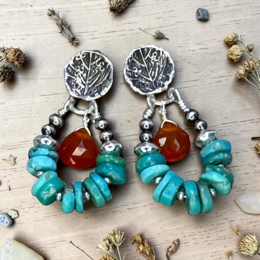 Firelight - Arizona Turquoise, Carnelian, and Artisan Hammered Sterling Silver Post Earrings