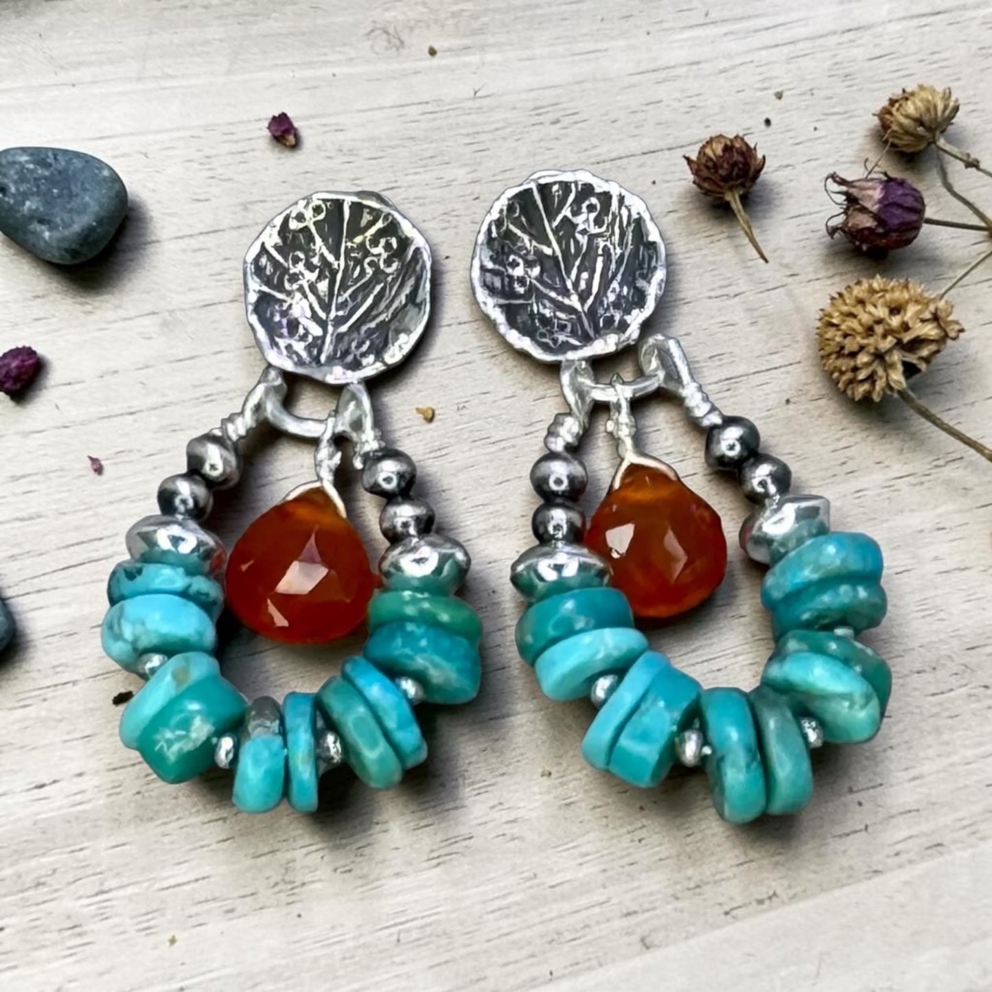 Firelight - Arizona Turquoise, Carnelian, and Artisan Hammered Sterling Silver Post Earrings
