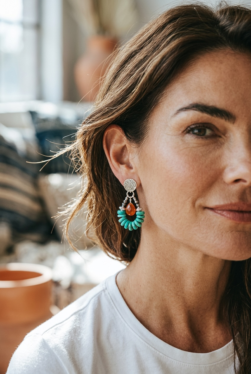 Firelight - Arizona Turquoise, Carnelian, and Artisan Hammered Sterling Silver Post Earrings