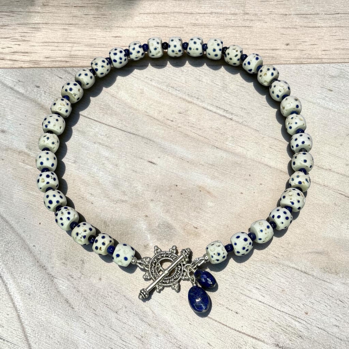 And Other Stories - Antique African Venetian Glass Trade Beads and Lapis Neckace, Handmade Sterling Silver Toggle Clasp