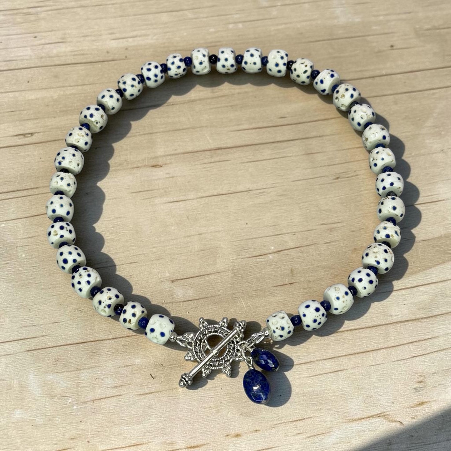 And Other Stories - Antique African Venetian Glass Trade Beads and Lapis Neckace, Handmade Sterling Silver Toggle Clasp