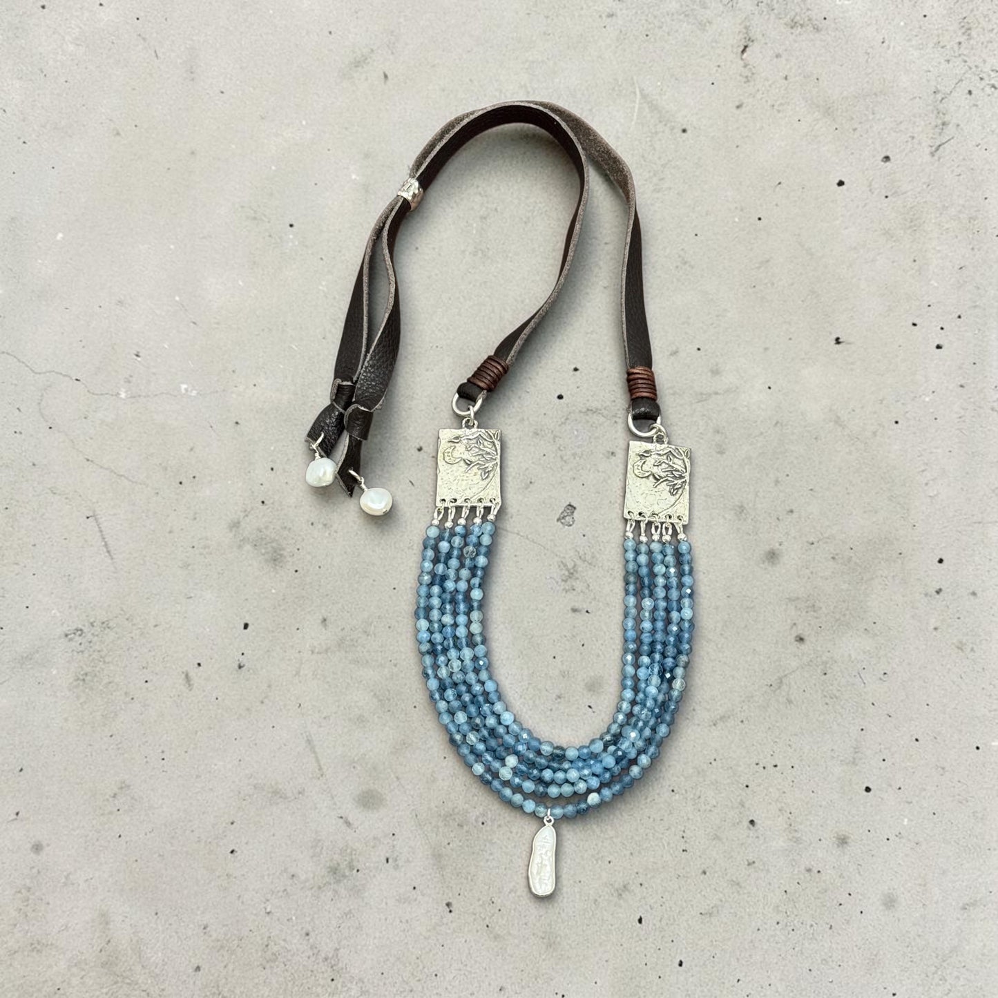 Moon Over Matinicus - Blue Aquamarine and Artisan Handmade Sterling Silver Tree+Moon - Adjustable Leather Necklace
