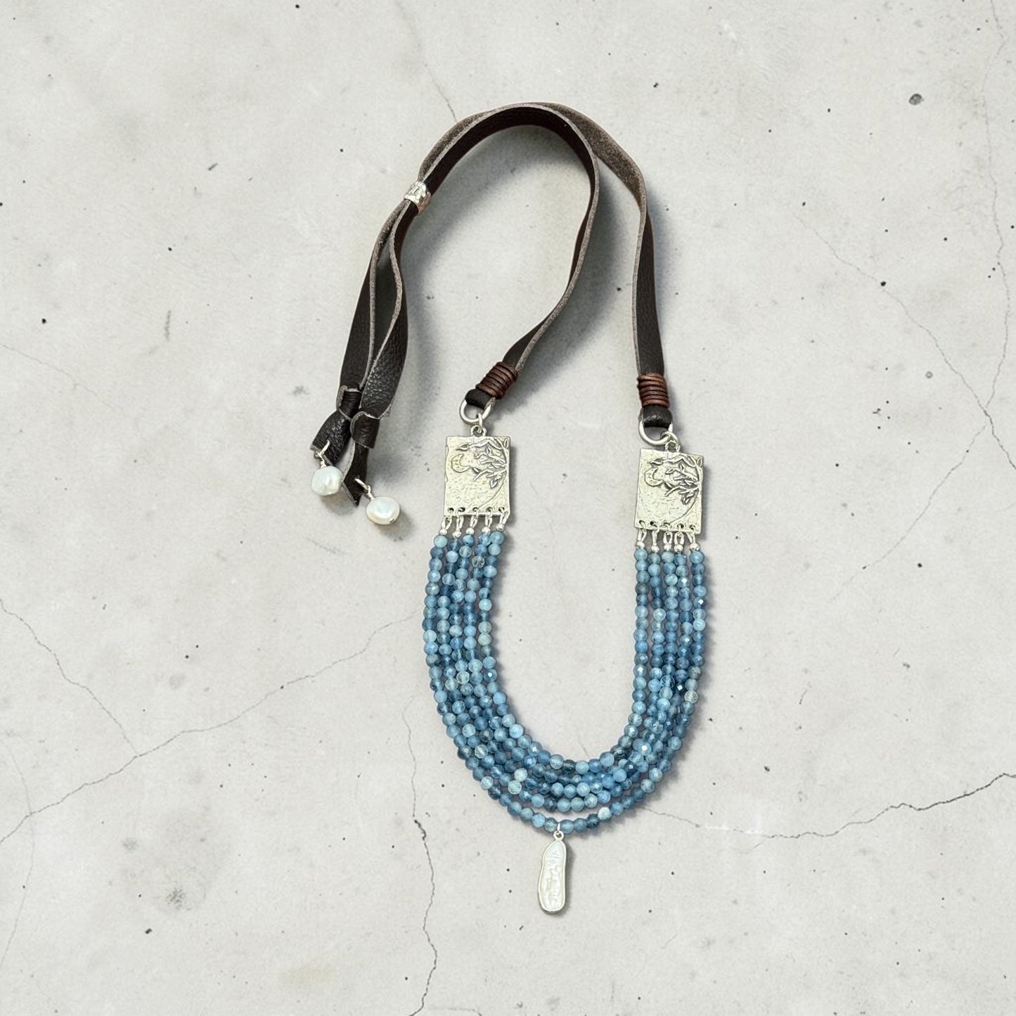 Moon Over Matinicus - Blue Aquamarine and Artisan Handmade Sterling Silver Tree+Moon - Adjustable Leather Necklace