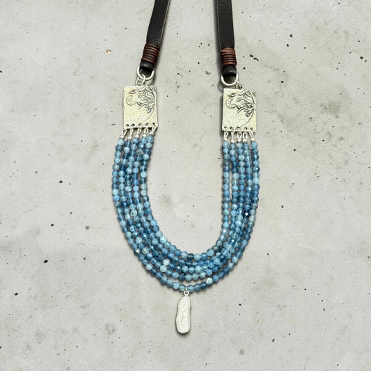 Moon Over Matinicus - Blue Aquamarine and Artisan Handmade Sterling Silver Tree+Moon - Adjustable Leather Necklace