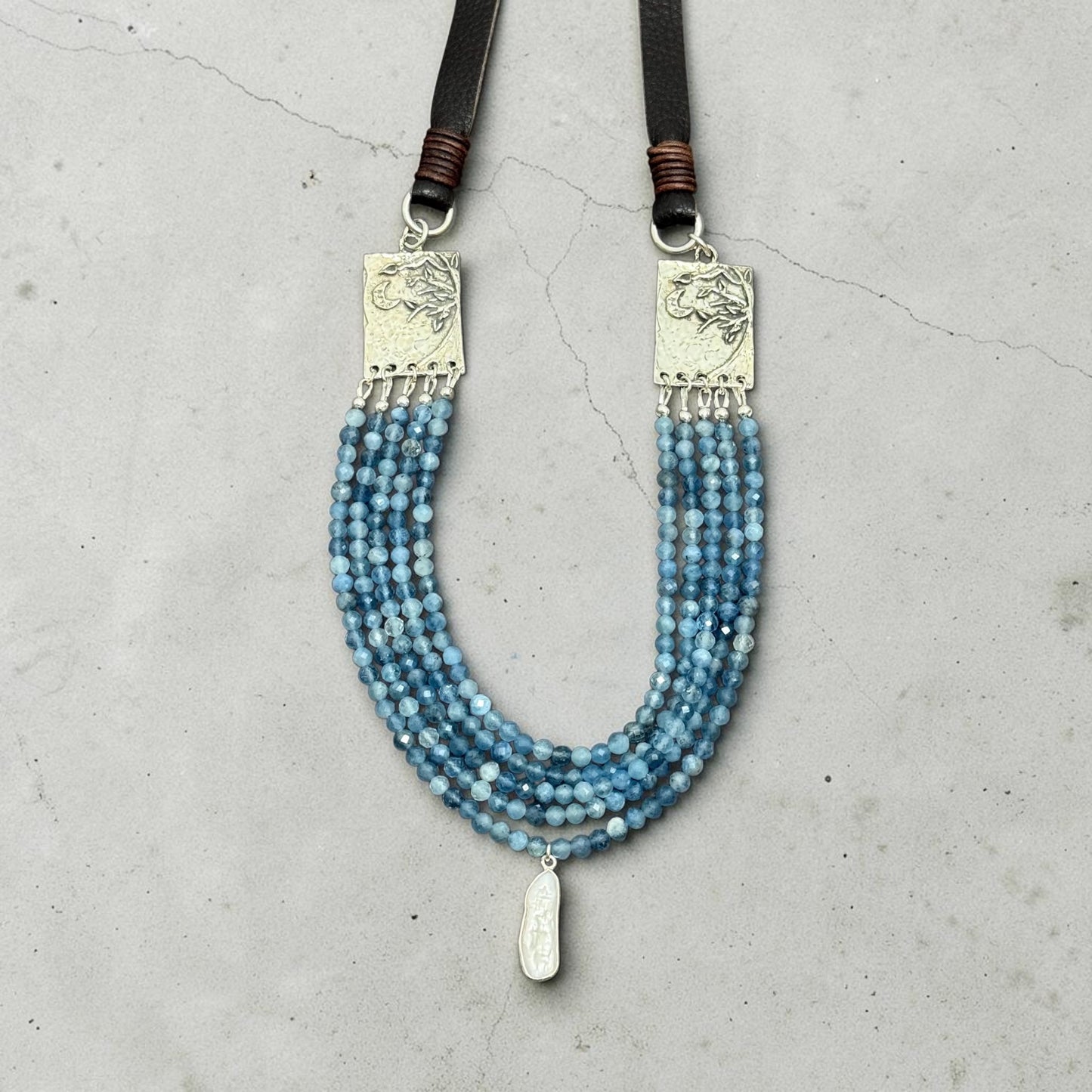 Moon Over Matinicus - Blue Aquamarine and Artisan Handmade Sterling Silver Tree+Moon - Adjustable Leather Necklace