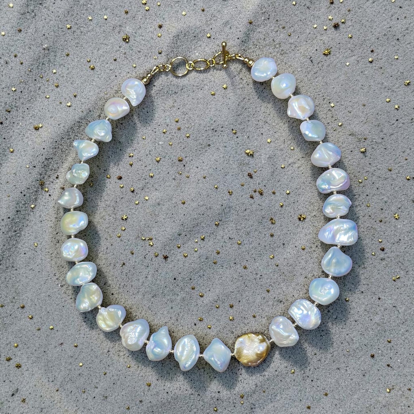 Modern Twist - AAA White and Gold Keshi Pearls, and 14k Gold Filled Beads Necklace