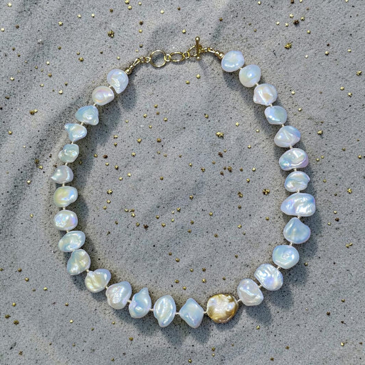 Modern Twist - AAA White and Gold Keshi Pearls, and 14k Gold Filled Beads Necklace