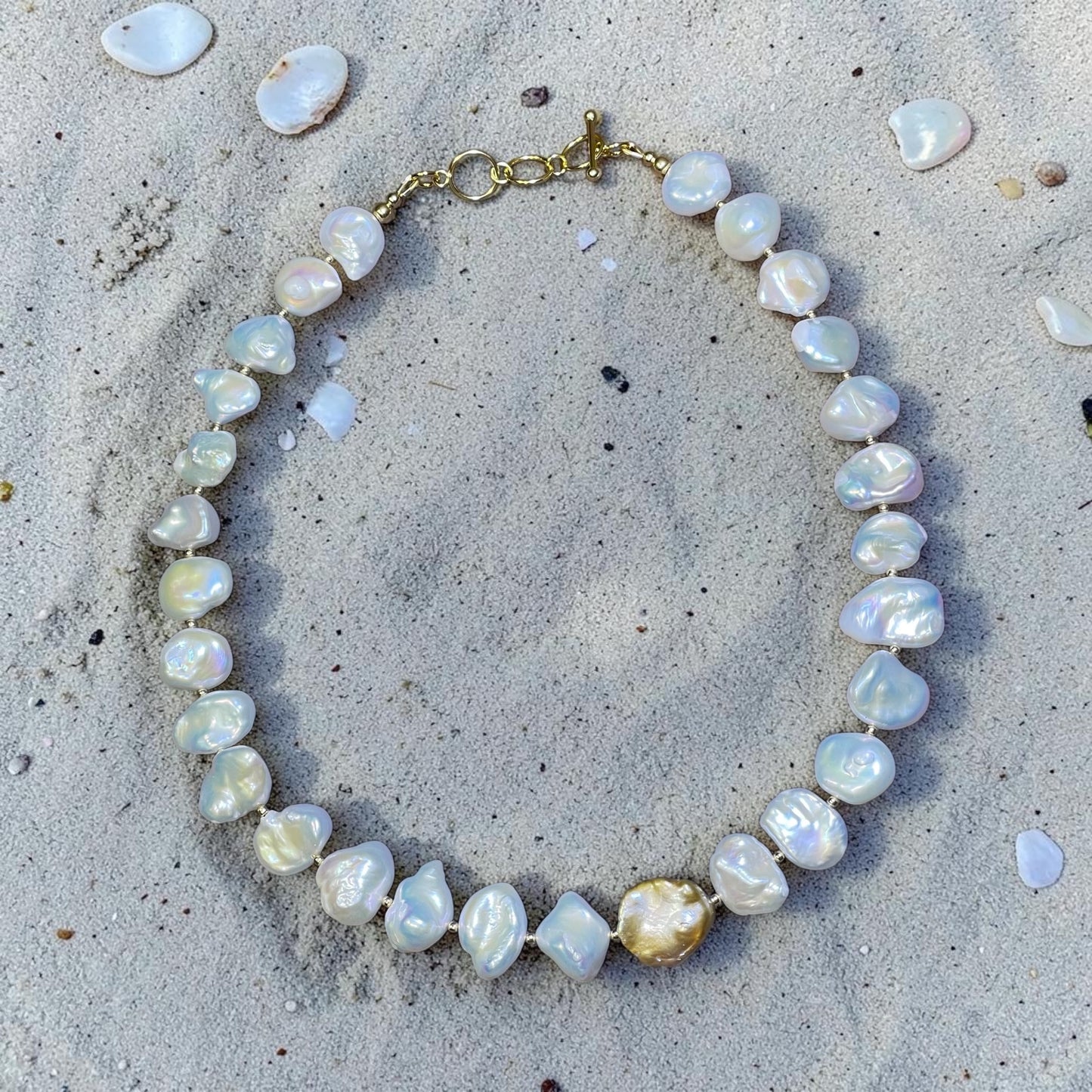 Modern Twist - AAA White and Gold Keshi Pearls, and 14k Gold Filled Beads Necklace