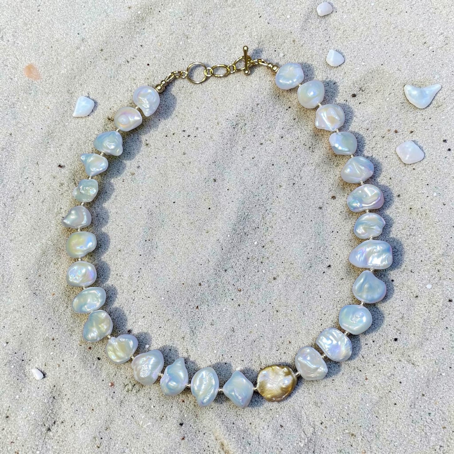 Modern Twist - AAA White and Gold Keshi Pearls, and 14k Gold Filled Beads Necklace