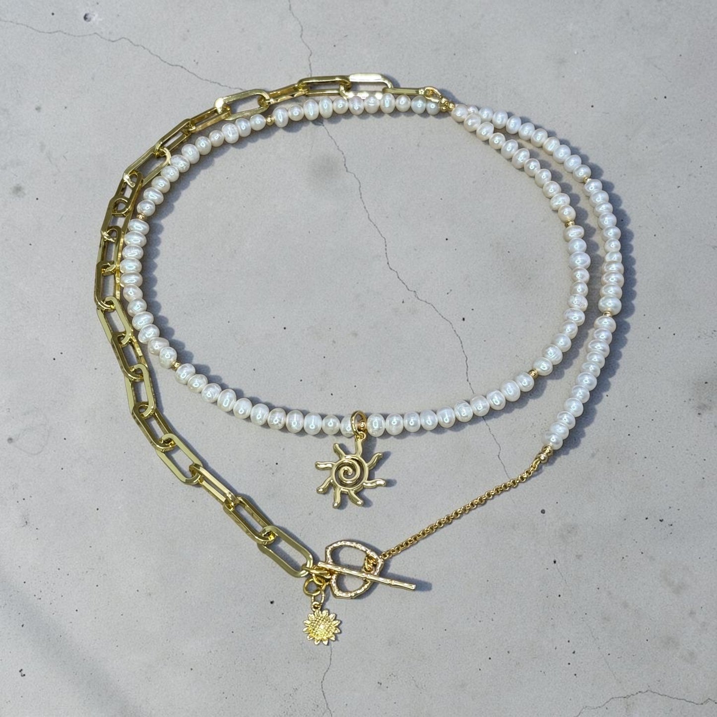 Here Comes The Sun - Creamy White Pearls and 14k Gold Filled Convertible Necklace/Wrap Bracelet with Sun Charms