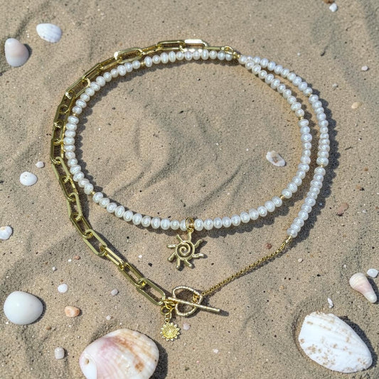 Here Comes The Sun - Creamy White Pearls and 14k Gold Filled Convertible Necklace/Wrap Bracelet with Sun Charms