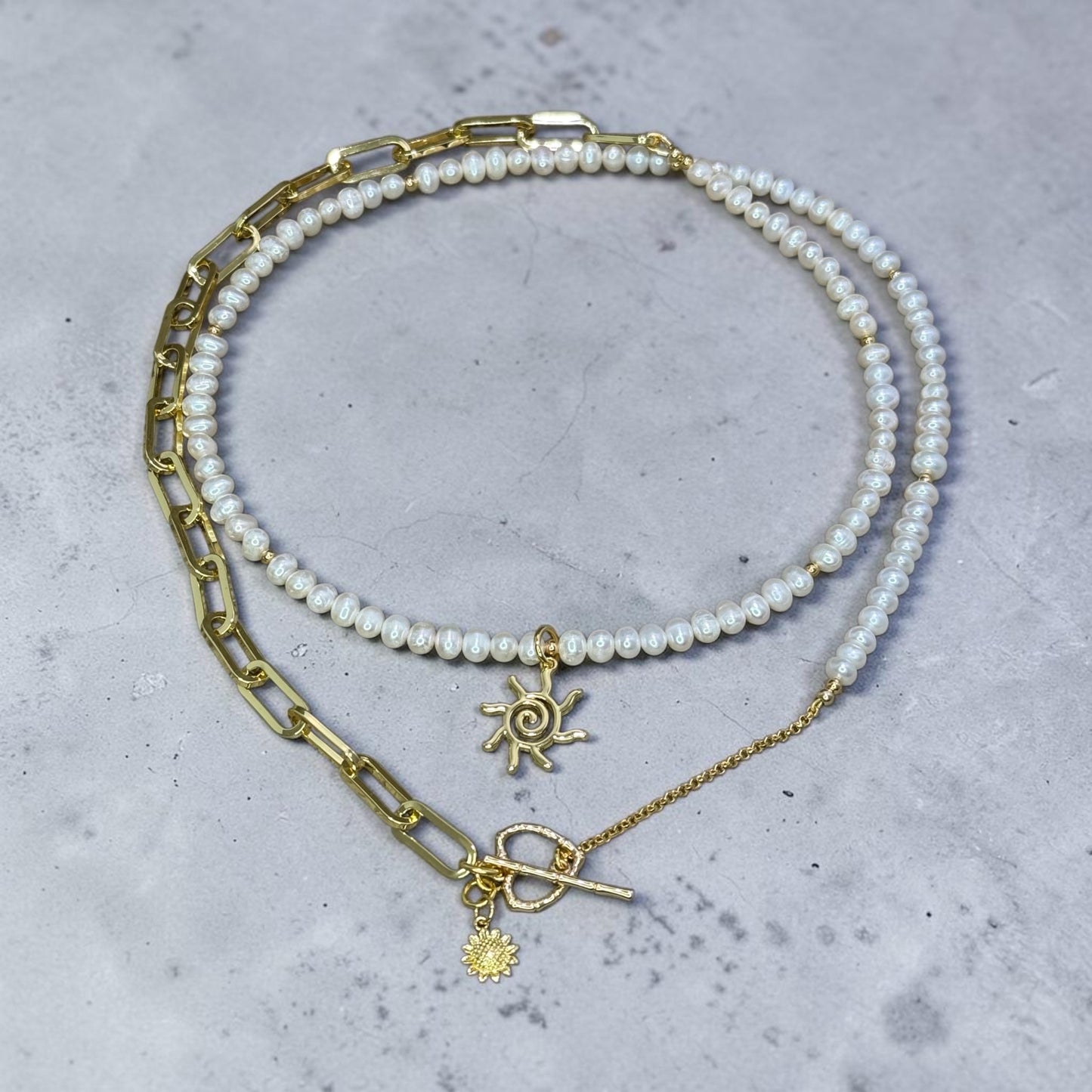 Here Comes The Sun - Creamy White Pearls and 14k Gold Filled Convertible Necklace/Wrap Bracelet with Sun Charms