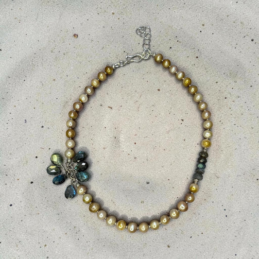 Golden Globes - Luminous Golden Baroque Pearls and Flashy Labradorite Adjustable Necklace