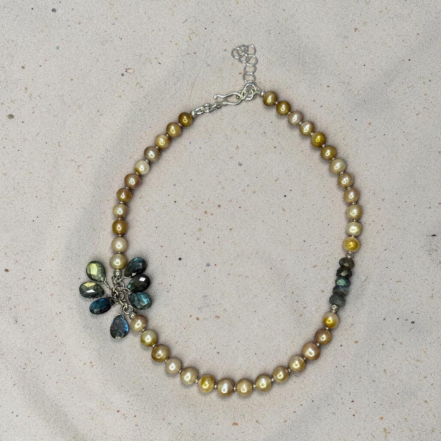Golden Globes - Luminous Golden Baroque Pearls and Flashy Labradorite Adjustable Necklace