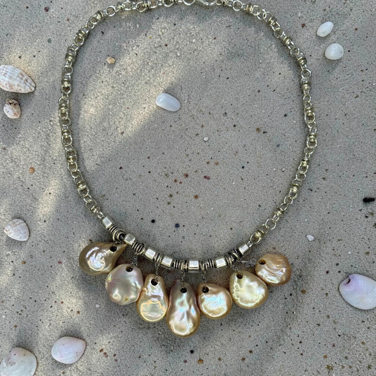 Treasure Island - Pink-Peach Baroque Pearls and Sterling Silver Necklace