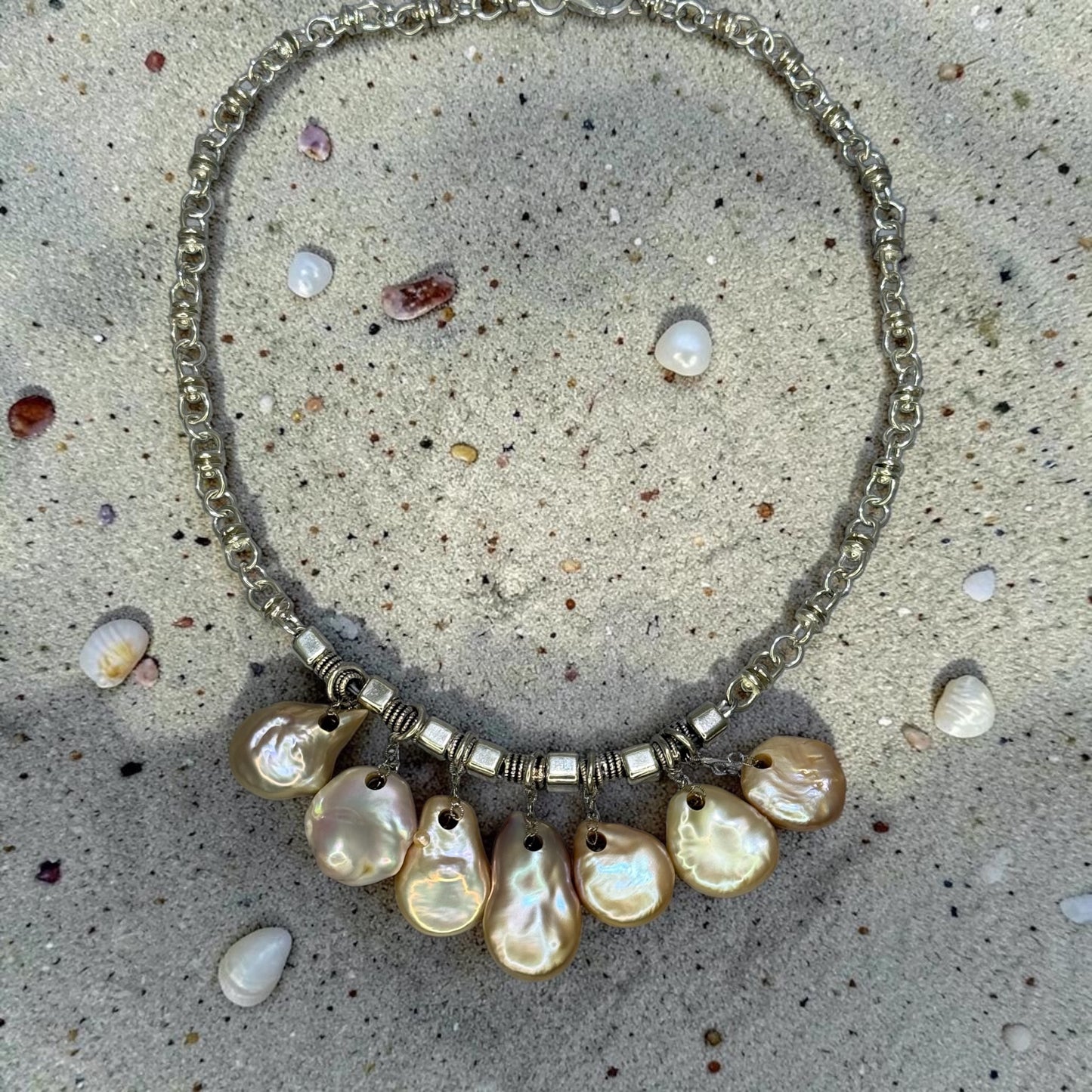 Treasure Island - Pink-Peach Baroque Pearls and Sterling Silver Necklace