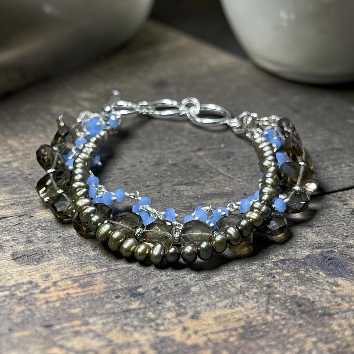 Smoke & Mirrors - Smokey Quartz, Sage Silver Peacock Pearls, and Blue Chalcedony 3 Strand Bracelet