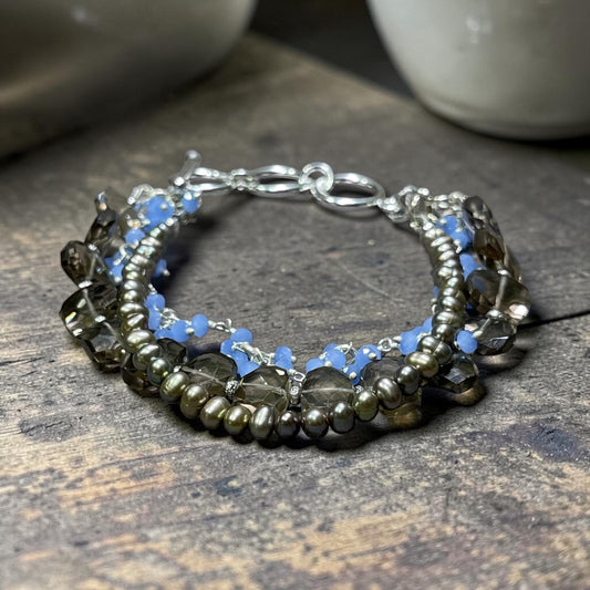 Smoke & Mirrors - Smokey Quartz, Sage Silver Peacock Pearls, and Blue Chalcedony 3 Strand Bracelet