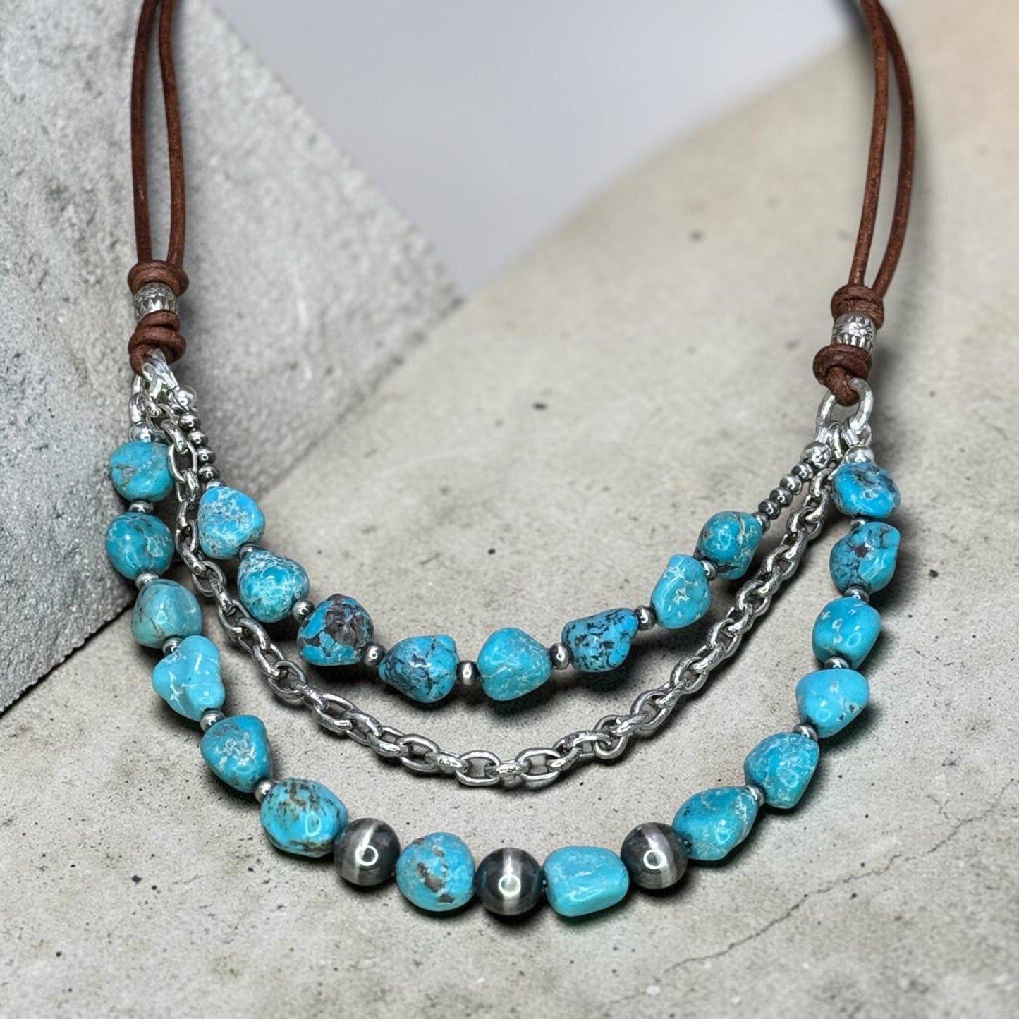 Drive - Kingman Turquoise, Sterling Silver Navajo Pearls, and Leather - Adjustable Necklace