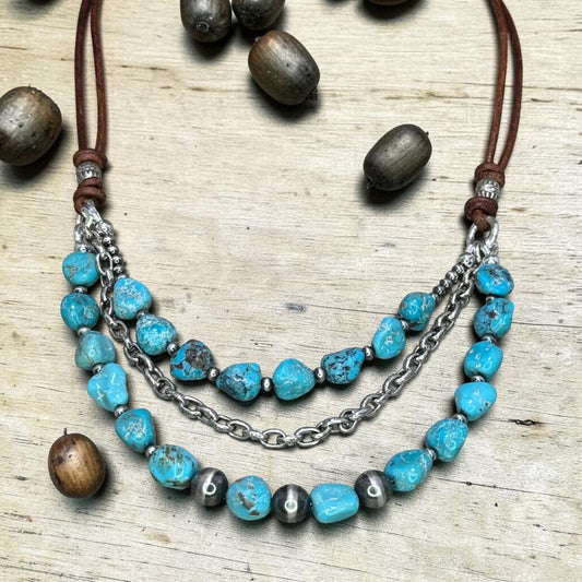 Drive - Kingman Turquoise, Sterling Silver Navajo Pearls, and Leather - Adjustable Necklace