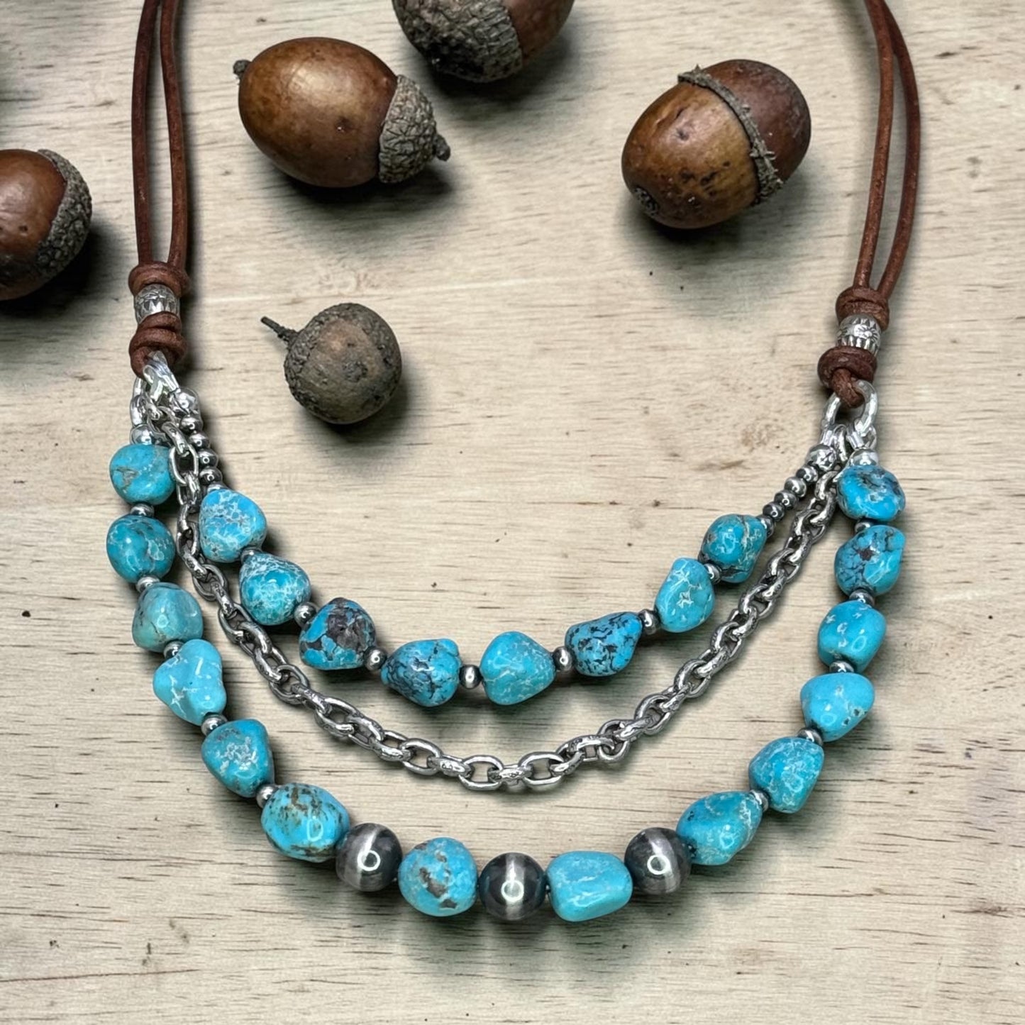 Drive - Kingman Turquoise, Sterling Silver Navajo Pearls, and Leather - Adjustable Necklace