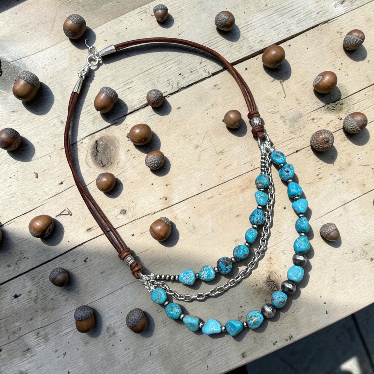 Drive - Kingman Turquoise, Sterling Silver Navajo Pearls, and Leather - Adjustable Necklace