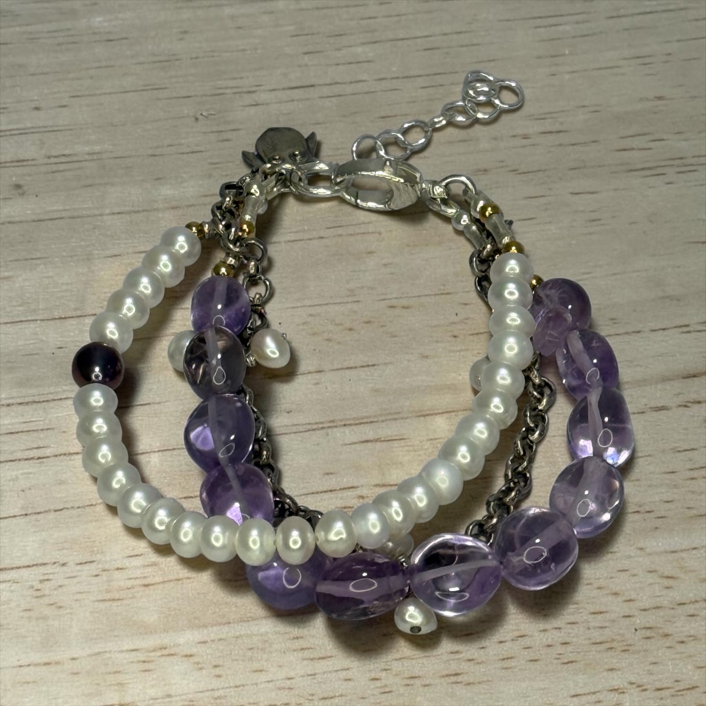 Don’t Blame It On Rio! - Brazilian Amethyst, Pearls, and Handmade Pure Silver Adjustable Bracelet