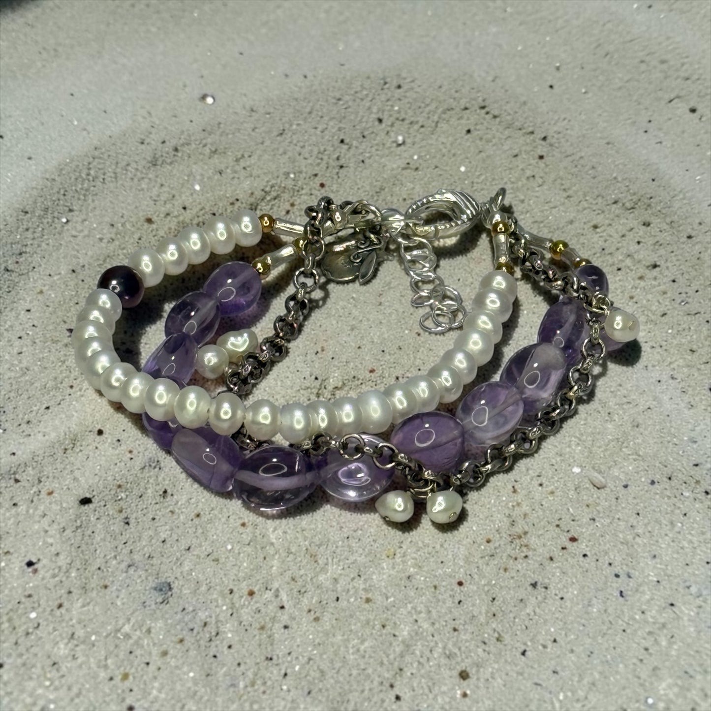 Don’t Blame It On Rio! - Brazilian Amethyst, Pearls, and Handmade Pure Silver Adjustable Bracelet
