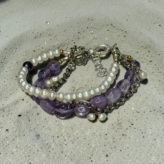 Don’t Blame It On Rio! - Brazilian Amethyst, Pearls, and Handmade Pure Silver Adjustable Bracelet