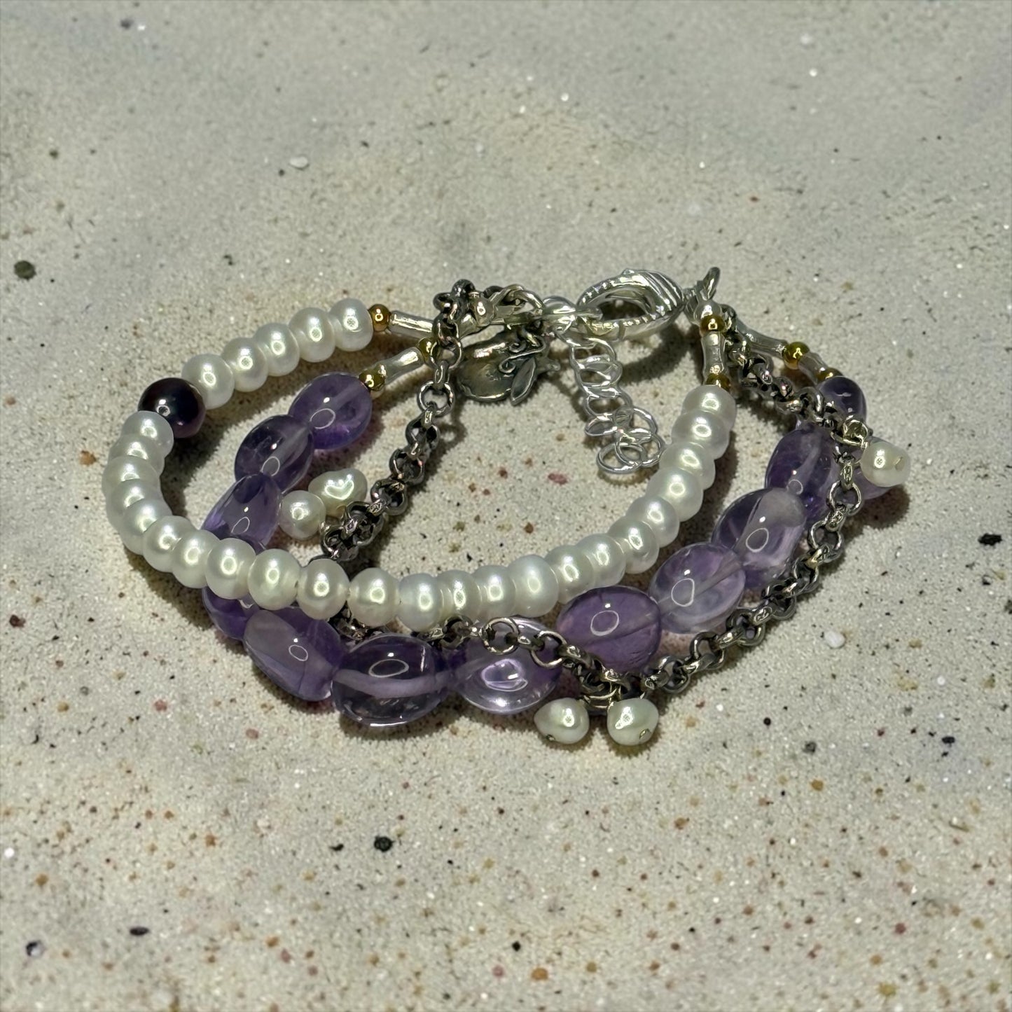 Don’t Blame It On Rio! - Brazilian Amethyst, Pearls, and Handmade Pure Silver Adjustable Bracelet