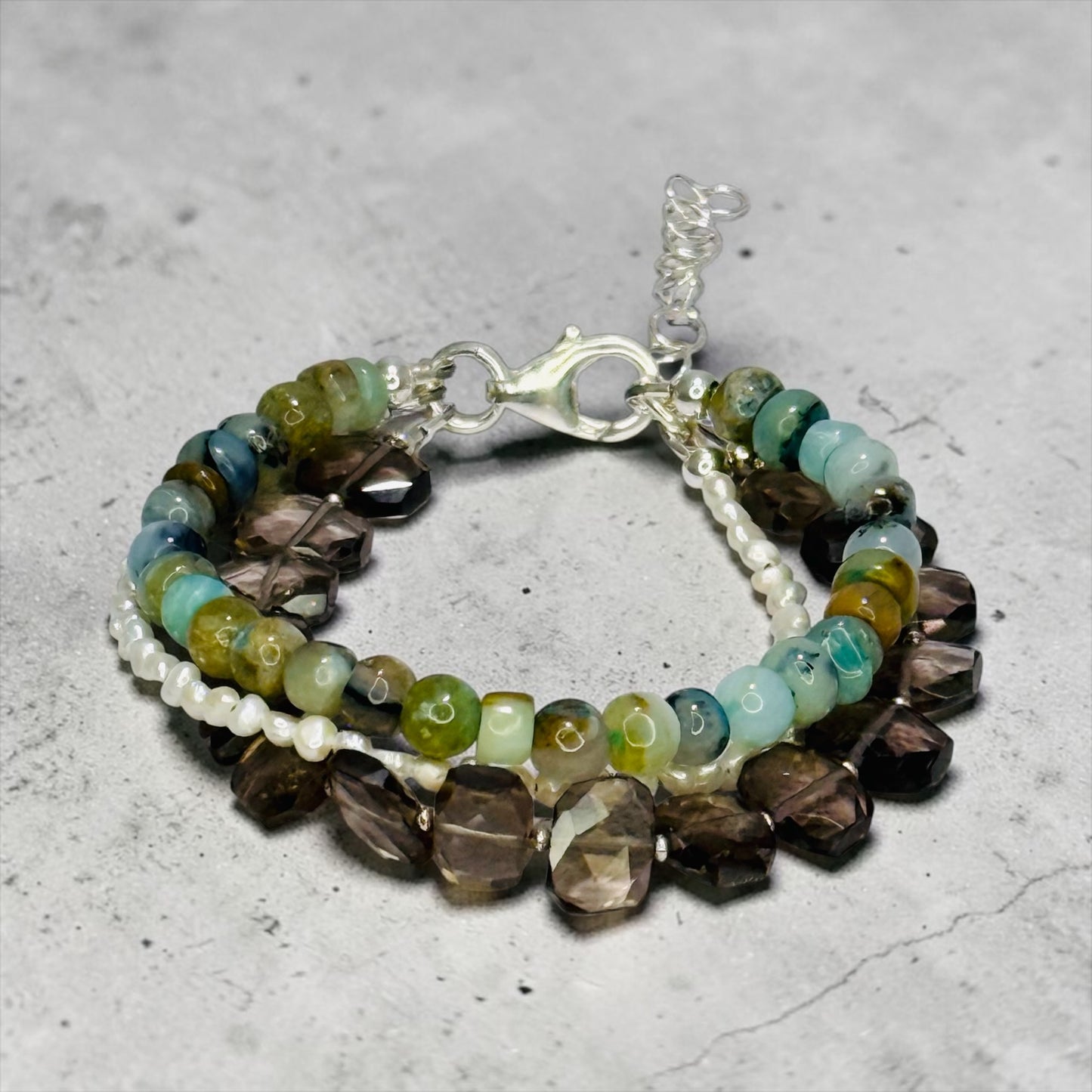 Arequipa - Peruvian Opals, Hand-cut Smokey Quartz, and Creamy White Pearls 3 Strand Adjustable Bracelet
