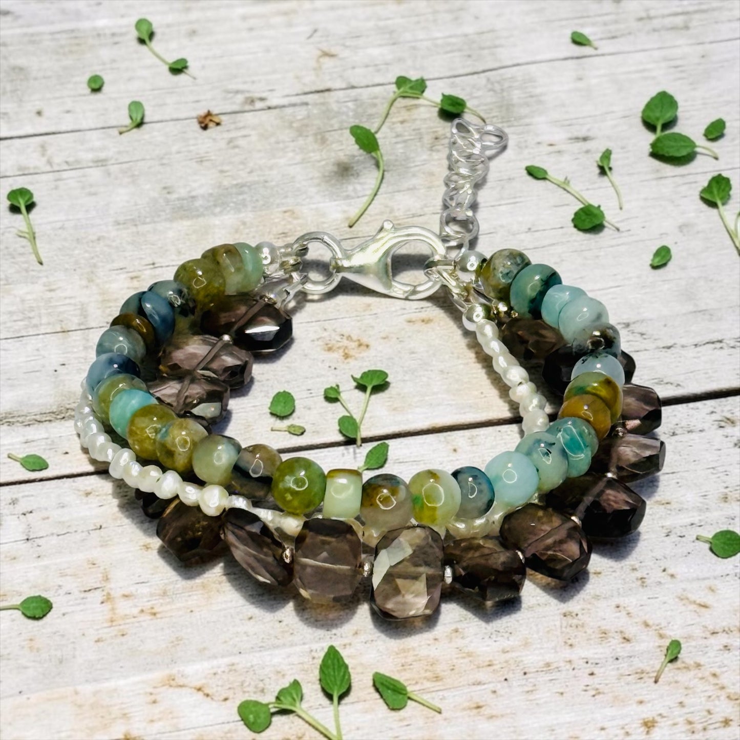 Arequipa - Peruvian Opals, Hand-cut Smokey Quartz, and Creamy White Pearls 3 Strand Adjustable Bracelet