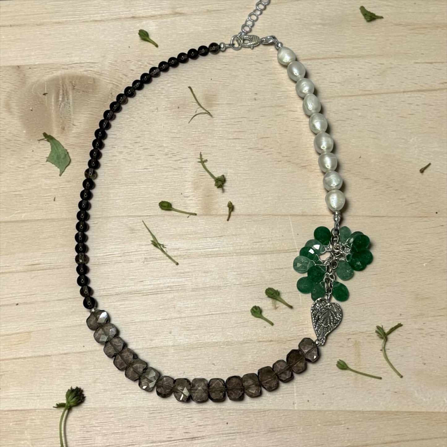 Garden Club - Handmade Sterling Silver Leaf, Green Strawberry Quartz, Smokey Quartz, and Pearl OOAK Necklace