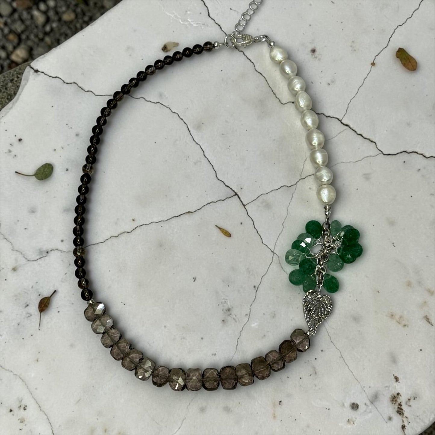 Garden Club - Handmade Sterling Silver Leaf, Green Strawberry Quartz, Smokey Quartz, and Pearl OOAK Necklace