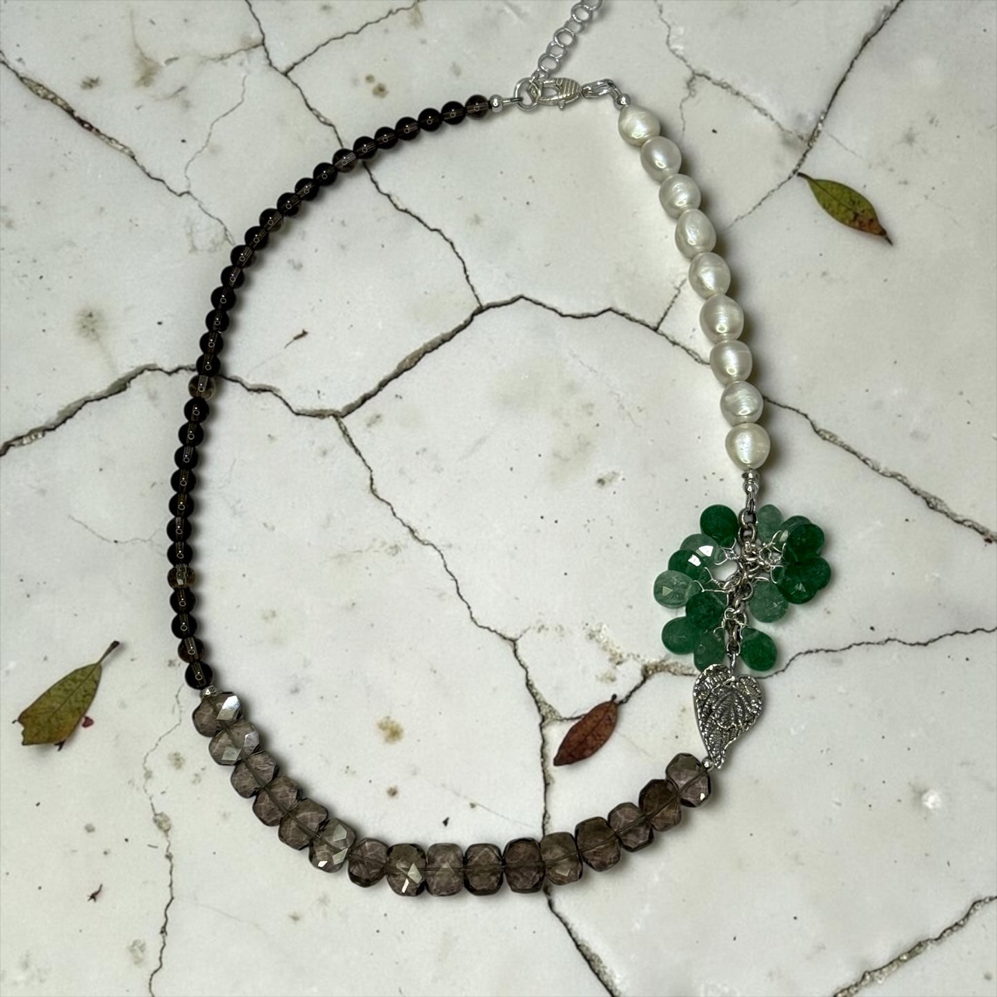 Garden Club - Handmade Sterling Silver Leaf, Green Strawberry Quartz, Smokey Quartz, and Pearl OOAK Necklace