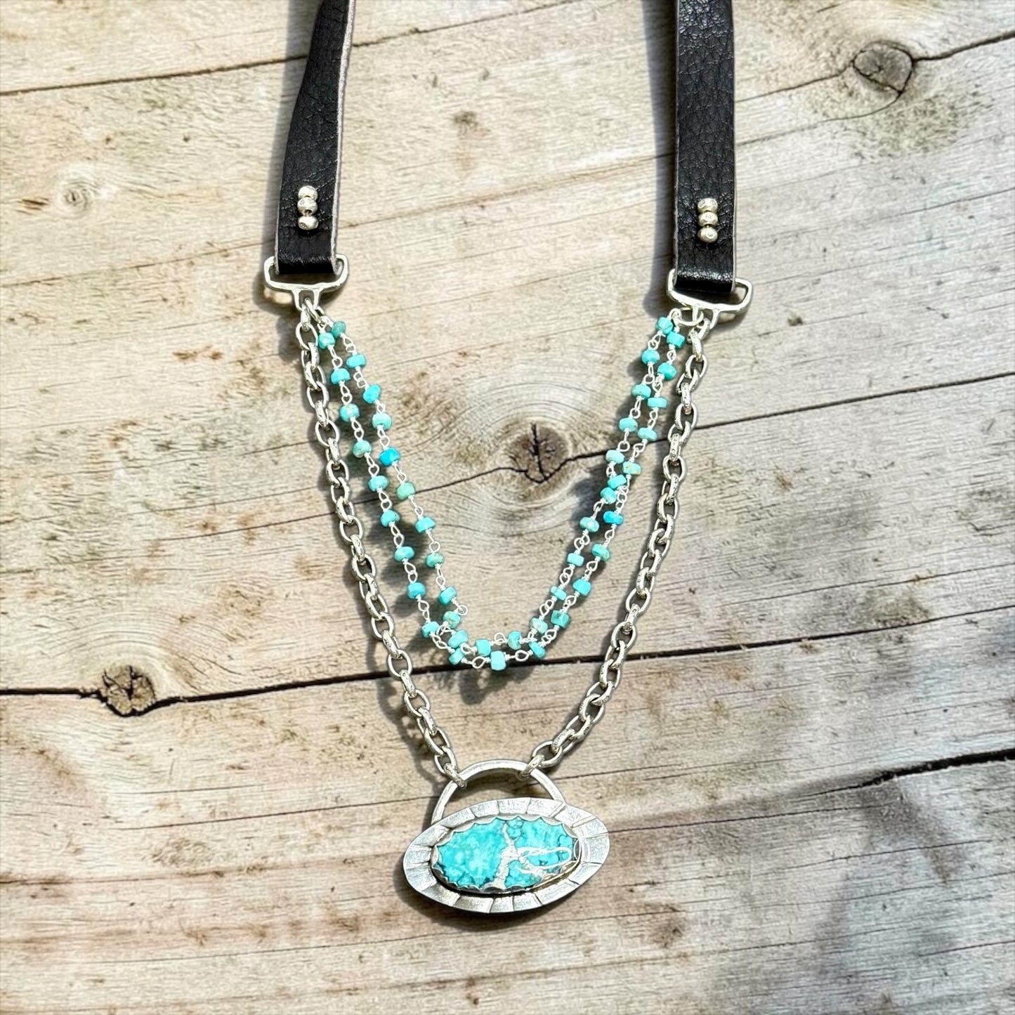 Free Spirit - Handmade Turquoise and Sterling Silver Pendant - Adjustable Leather Necklace