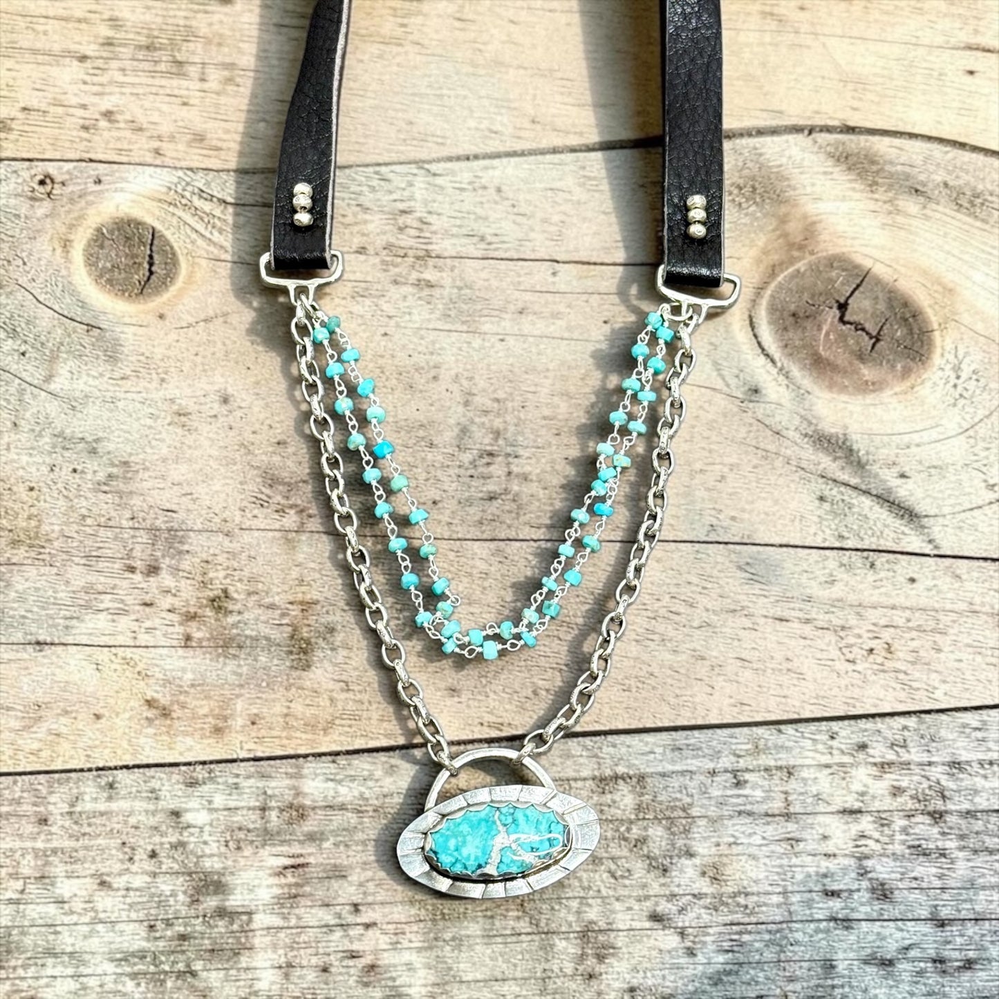 Free Spirit - Handmade Turquoise and Sterling Silver Pendant - Adjustable Leather Necklace