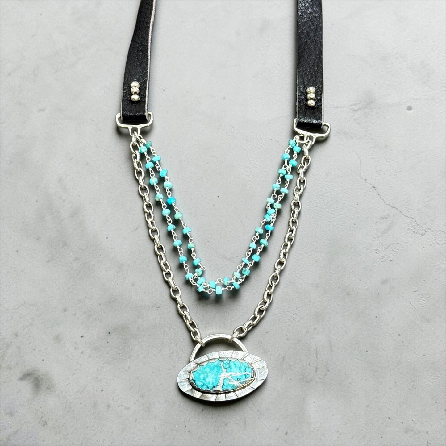 Free Spirit - Handmade Turquoise and Sterling Silver Pendant - Adjustable Leather Necklace