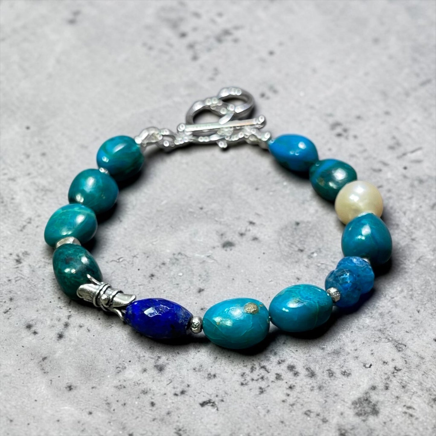 Meander - Deep Green Chrysocolla, Lapis, Pearl, and Artisan Sterling Silver Adjustable Bracelet